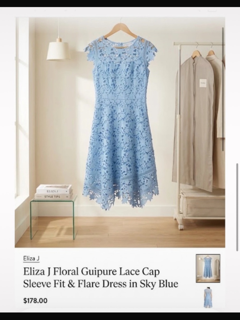 Eliza J Sky Blue Floral Guipure Lace Cap Sleeve Fit & Flare Dress